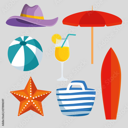 set of hat with umbrella and ball with starfish and beverage