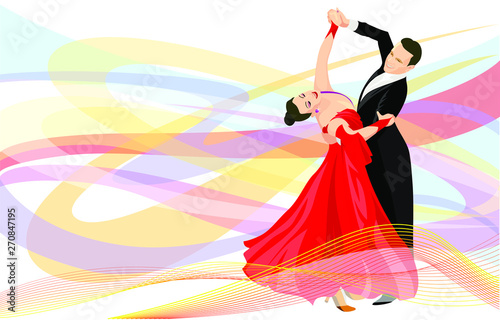 Dancing couple. Woman in red dress and a man in a black costume. Wave shaped elements on back.