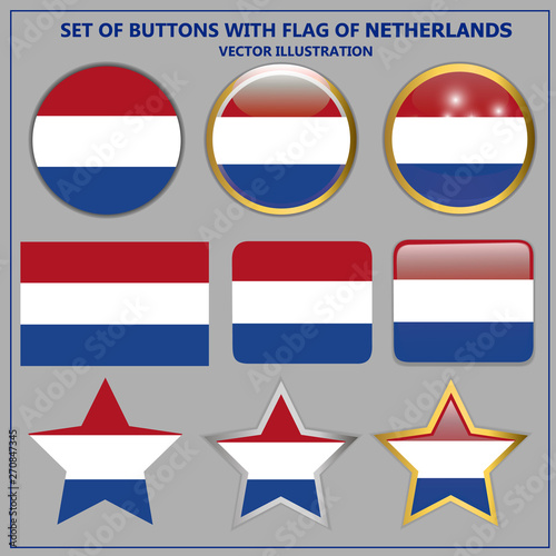 Bright buttons with flag of Netherlands. Happy Netherlands day buttons. Bright illustration with flag .