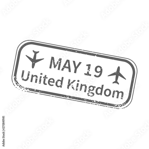 UK International travel visa stamp on white. Arrival sign gray rubber stamp with texture