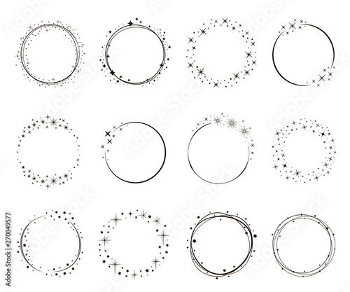 Shiny star circle frame set, pencil drawing
