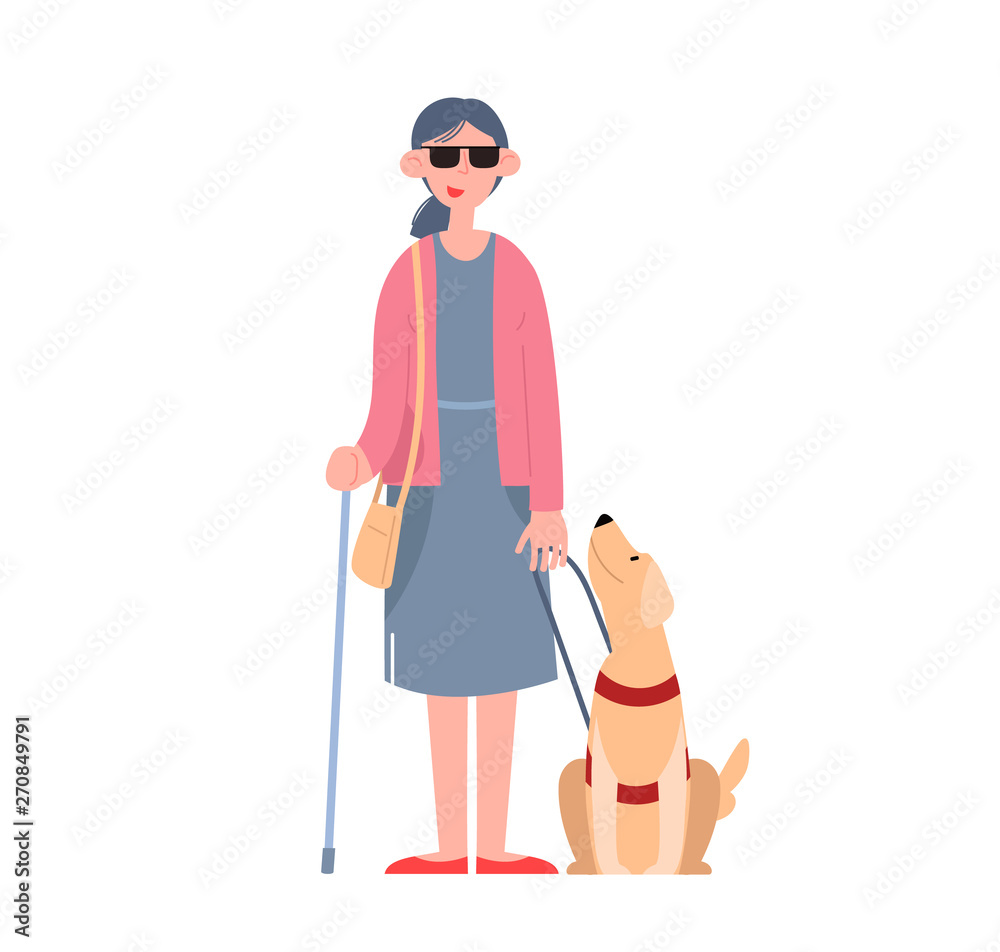 A blind girl wearing sunglasses with a seeing-eye dog. Disabled person. Flat cartoon vector illustration. A blind girl wearing sunglasses with a seeing-eye dog. Disabled person. Flat cartoon vector illustration.