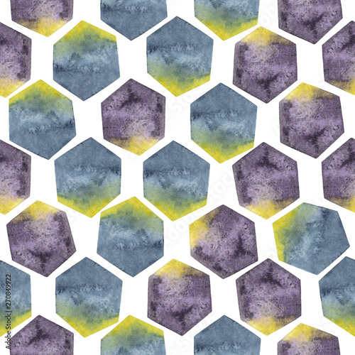 Abstract seamless pattern with watercolor hexagons in yellow, purple and blue colors