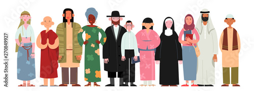 People of different religions and cultures as well as different skin colors standing together on white background. Happy people wearing various national and religious clothing. Vector illustration.
