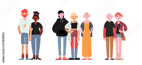 Multiracial young people of different sexual orientation. Heterosexual, bisexual and homosexual boys and girls. Flat cartoon vector illustration.