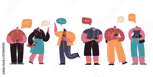 Social Network and Virtual Communication Concept illustration. Group Of Young People Characters Chatting Using Smartphone For Website Or Web Page. Flat cartoon vector illustration.