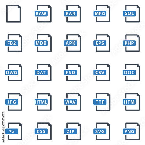 File Format Icon Set - vector illustration . file, files, format, document, svg, mpg, zip, eps, psd, jpg, apk, raw, rar, icons .