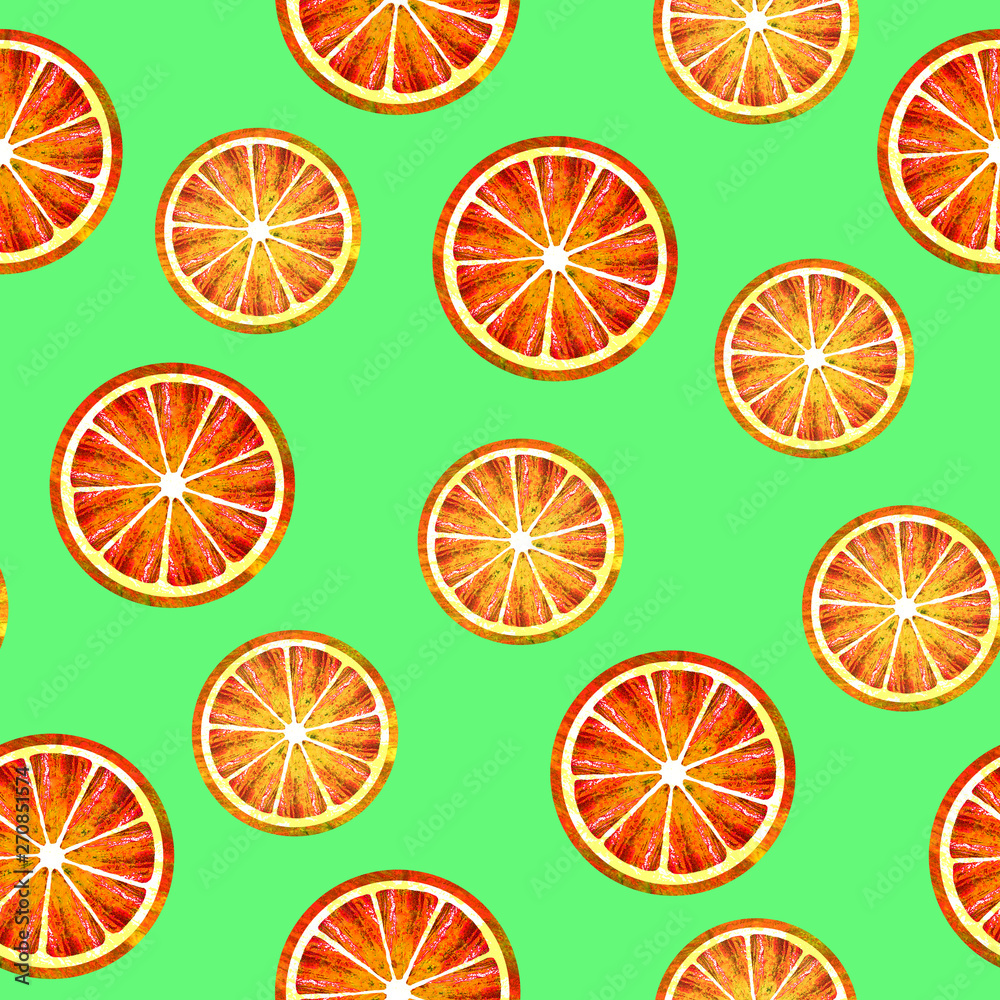 Seamless pattern with slices of orange on a green background. Tropical fruit pattern. Hand drawn illustration Seamless pattern with slices of orange on a green background. Tropical fruit pattern. Hand drawn illustration