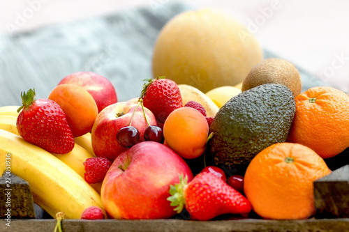 Fresh fruit  organic fruits close-up on rustic table