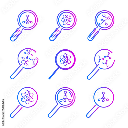 Scientific research vector icons set, magnifiers and atomic structures on white background