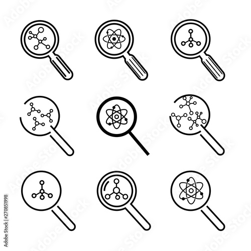 Scientific research vector icons set, magnifiers and atomic structures on white background