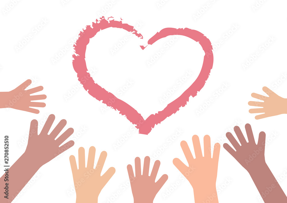 The hands of various people are drawn to the attic on a white background. Vector illustration. The hands of various people are drawn to the attic on a white background. Vector illustration.