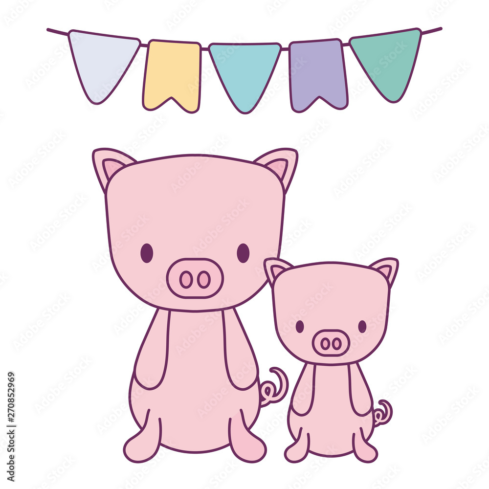 cute pigs animals with garlands party hanging
