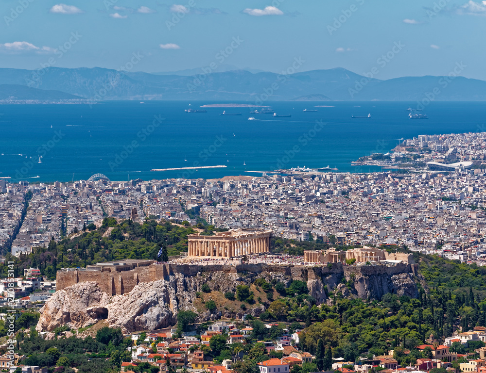 Greece, Athens panoramic view with parthenon temple on acropolis hill and Plaka old neighborhood