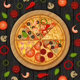 Pizza with different fresh ingredients on wood black background. Object for packaging, advertisements, menu. Vector illustration. Cartoon.