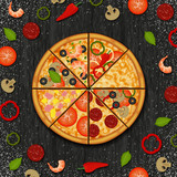 Pizza with different fresh ingredients and flour on wood black background. Object for packaging, advertisements, menu. Vector illustration. Cartoon.