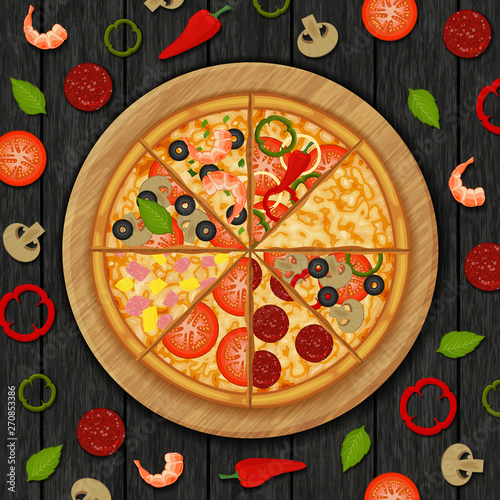 Pizza with different fresh ingredients on wood black background. Object for packaging, advertisements, menu. Vector illustration. Cartoon.