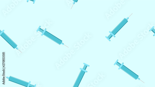 Seamless pattern texture of blue disposable sharp medical pharmacetic syringe for pricks with medicine, drugs on a white background. Vector illustration