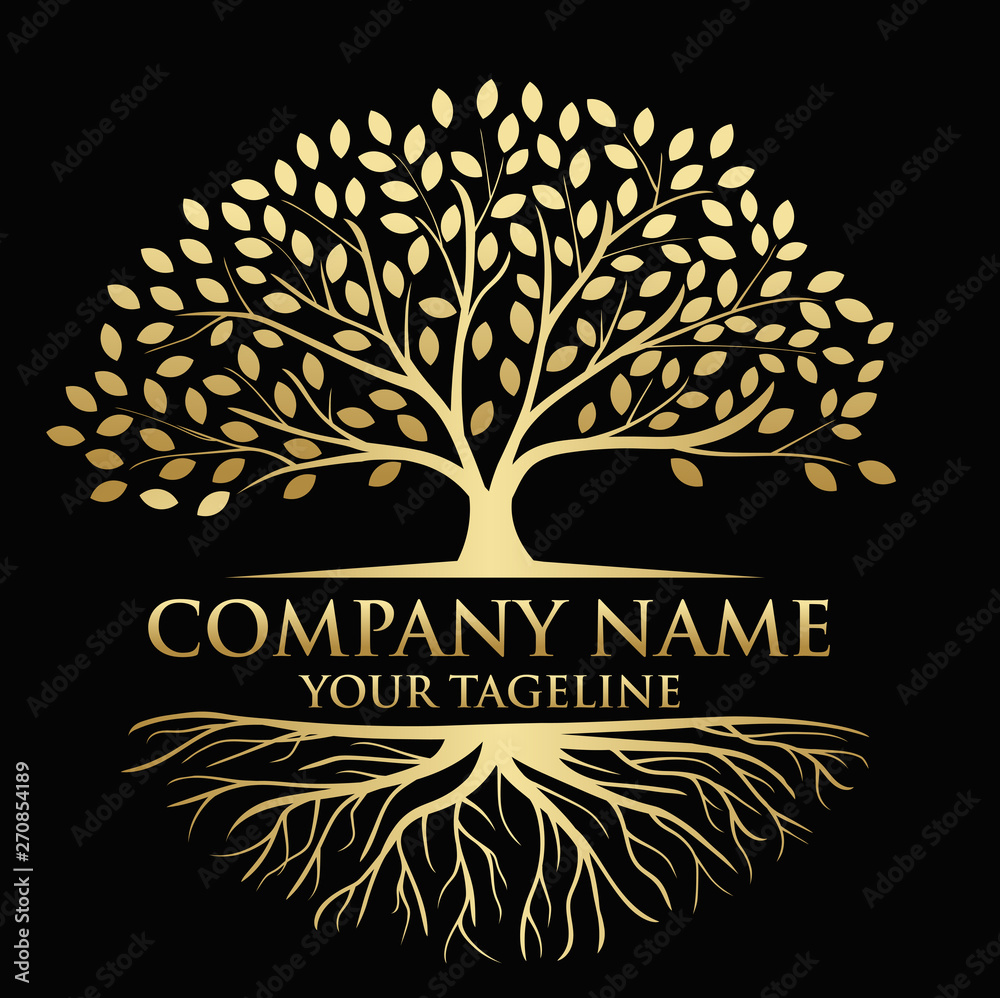 Tree and roots logo illustration. Vector silhouette of a tree. In gold