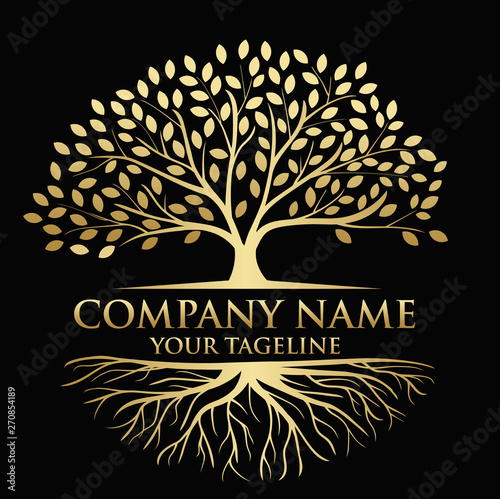 Tree and roots logo illustration. Vector silhouette of a tree. In gold color 
