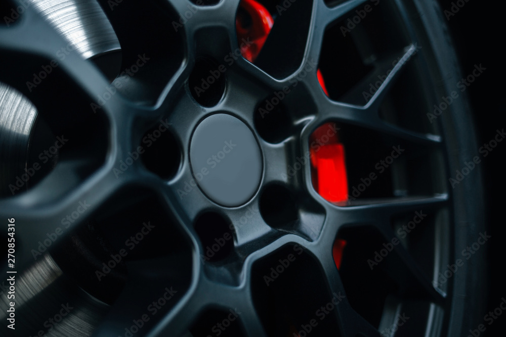Car braking system. Sport car front wheel support brake - obrazy, fototapety, plakaty 