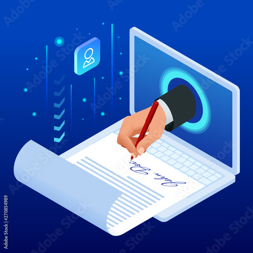 Isometric electronic signature concept. Electronic Document, digital form attached to electronically transmitted document, verification of intent to sign agreement and legal deal.