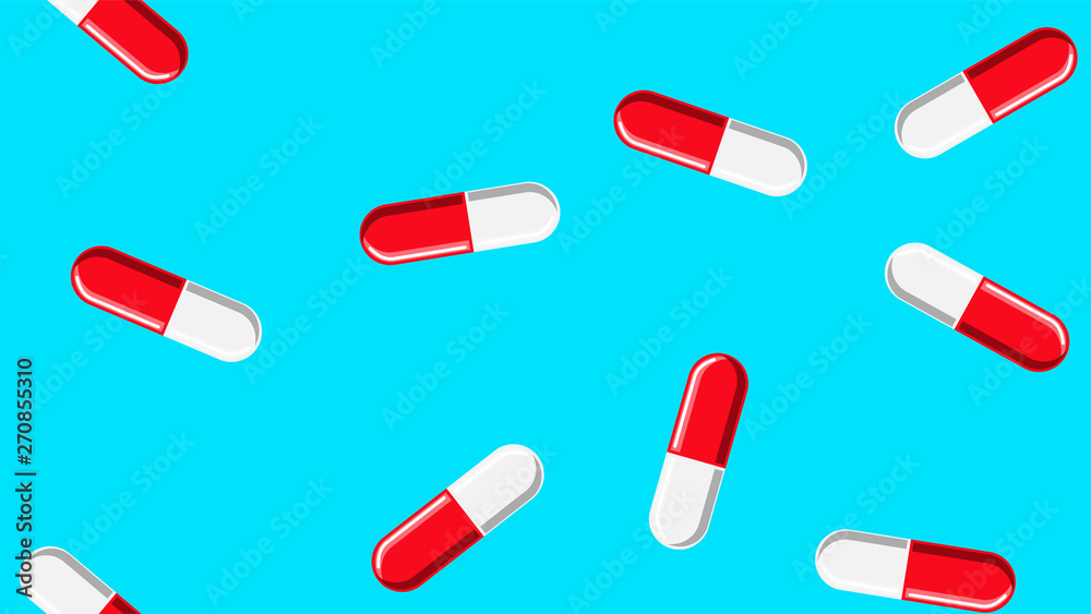Seamless pattern texture of red oval white and red medical pharmaceutical pills capsules with medicine, drugs, vitamins on a blue background. Vector illustration Seamless pattern texture of red oval white and red medical pharmaceutical pills capsules with medicine, drugs, vitamins on a blue background. Vector illustration