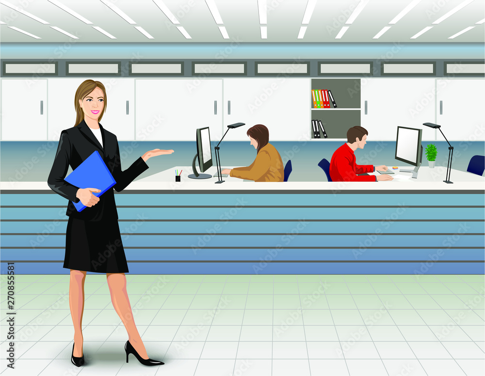 Fototapeta premium Office interior. Young woman hold a blue folder. Co-workers on the background near the own computers.