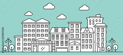 Thin line style city panorama. Illustration of urban landscape skyline city office buildings. Outline cityscape