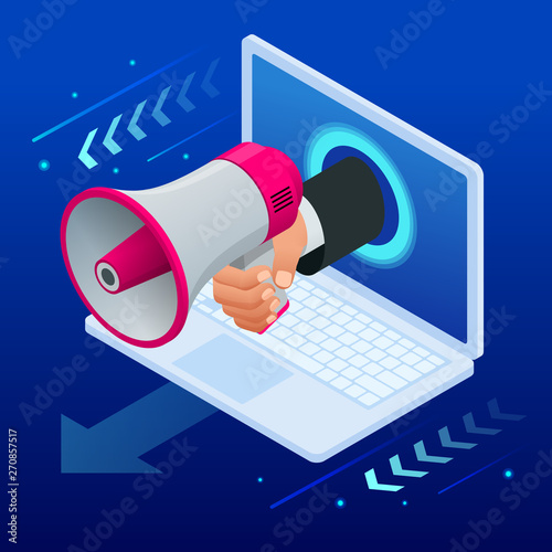 Isometric promoter speaks in a big megaphone and attracts buyers. Megaphone alert promotion and propaganda