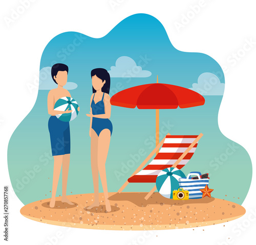 woman and man wearing swimsuit with ball and umbrella with tanning chair