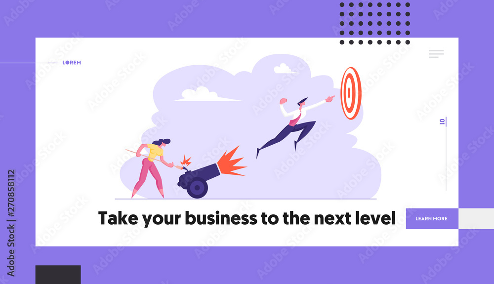 Business Woman is Setting on Fire the Cannon with Businessman Flying to the Target Landing Page. Goal Achievement, Leadership, Business Solution Concept Banner Template. Vector flat illustration
