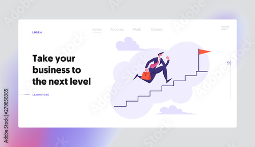 Businessman Character Running Up Stairway to the Top Landing Page. Leadership, Career Growth, Goal Achievement, Business Success Concept with Man Climbing Up The Stairs Banner. Vector flat