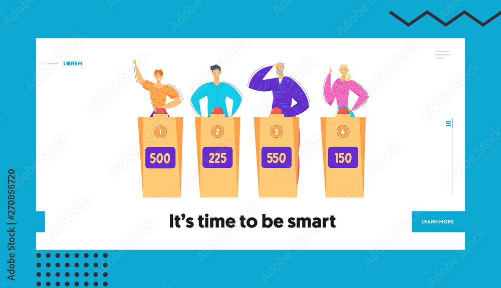 TV Quiz Show with Clever Characters Landing Page Template. People Answering Questions on Conundrum Game. Man and Woman Playing on Quiz Competition Banner. Vector flat illustration TV Quiz Show with Clever Characters Landing Page Template. People Answering Questions on Conundrum Game. Man and Woman Playing on Quiz Competition Banner. Vector flat illustration