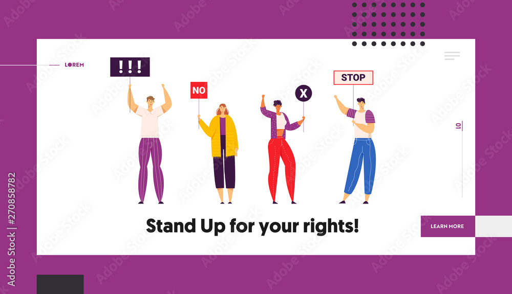 Group People Holding Protest Signs on the Strike Landing Page Template. Crowd Protesting Characters with Placards on Demonstration, Strike Action, Political Rally Banner. Vector flat illustration