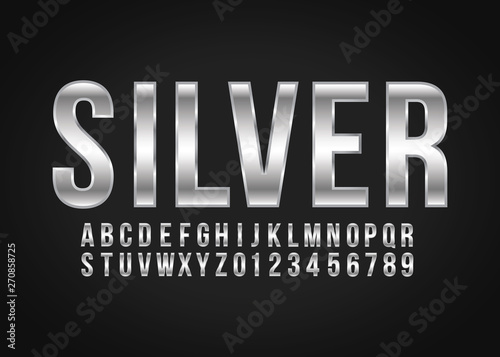 Font alphabet and number Silver effect vector