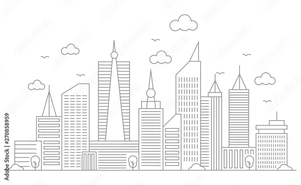 Plakat Thin line style city panorama. Illustration of urban landscape skyline city office buildings. Outline cityscape