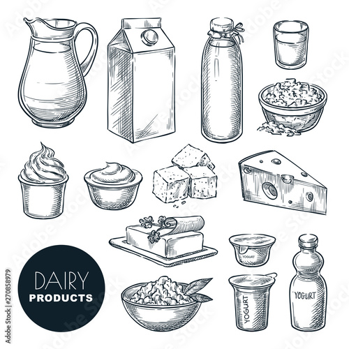 Dairy farm fresh products set. Vector hand drawn sketch illustration. Milk bottle, cottage cheese, yogurt, butter icons