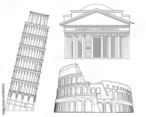 Attractions of Italy icons.Vector image.Schematic representation.