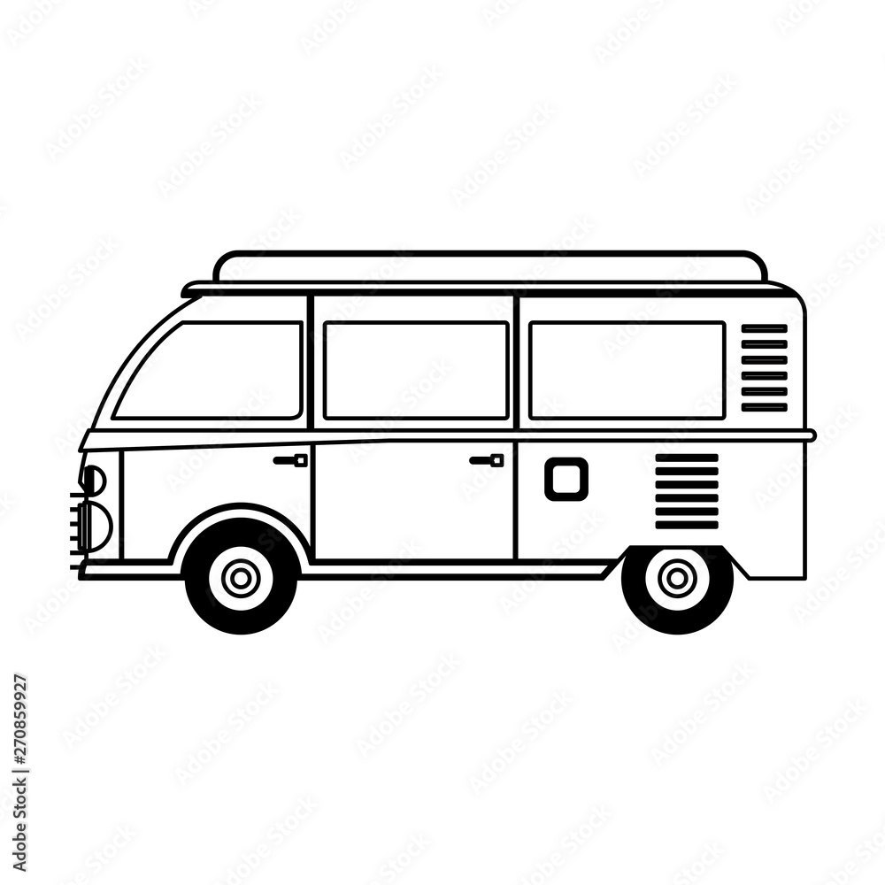 Vintage hippie van vehicle sideview in black and white
