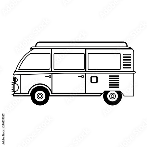 Vintage hippie van vehicle sideview in black and white