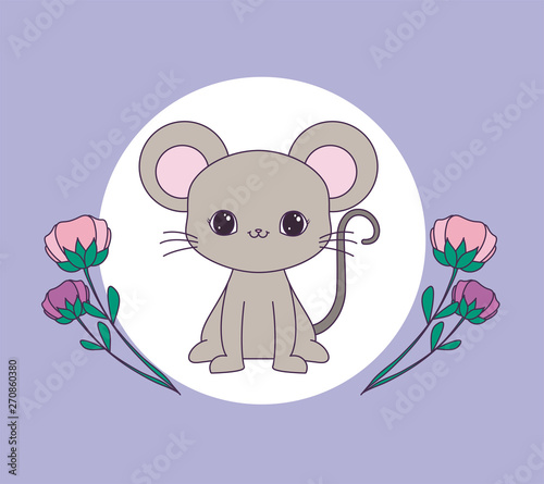 cute mouse in frame circular with flowers