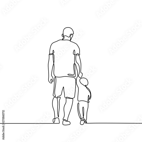 Father holding his son walking continuous one line drawing