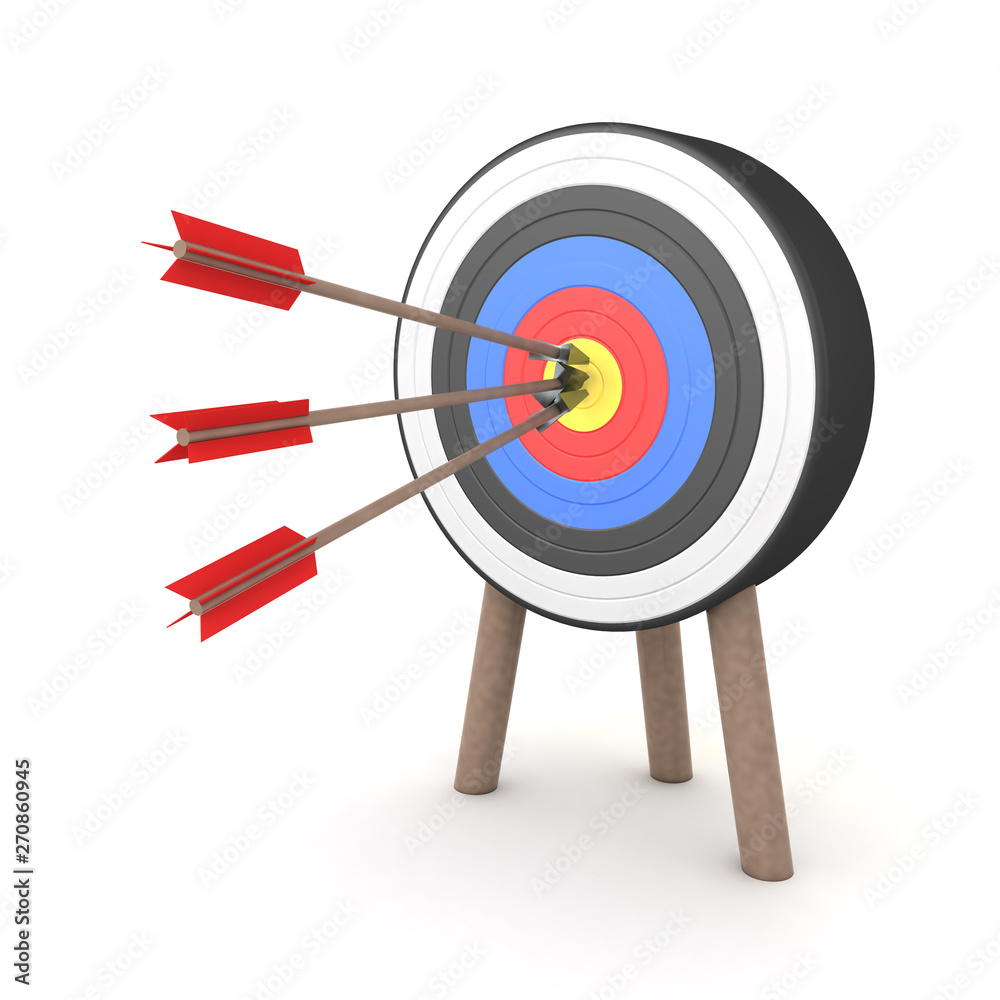 3D Rendering of three arrows hitting the middle of a target 3D Rendering of three arrows hitting the middle of a target