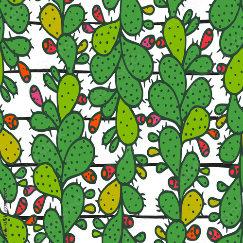 Seamless pattern with green prickly pear cactus