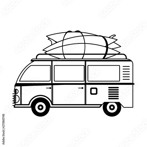 Vitnage van with surf tables cartoon in black and white