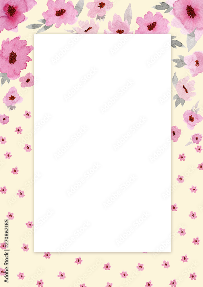 Flowers composition. Rectangular rose frame made of pink flowers and leaves with space for text.