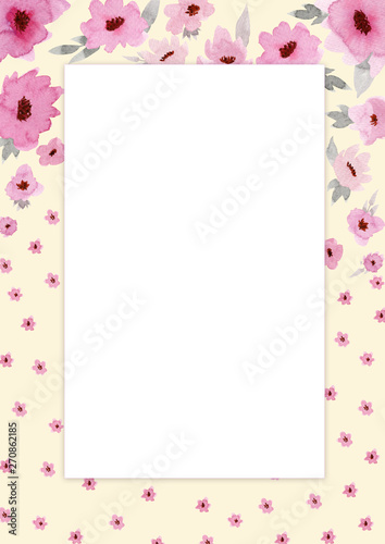 Flowers composition. Rectangular rose frame made of pink flowers and leaves with space for text. © Tatiana August