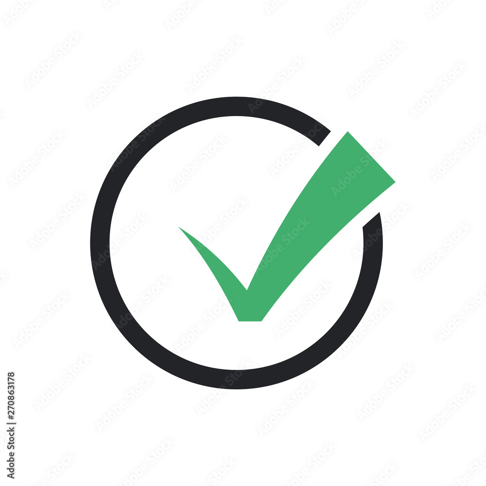 Green check mark icon in a black circle. Flat icon checklist mark symbol vector illustration. Green check mark icon in a black circle. Flat icon checklist mark symbol vector illustration.