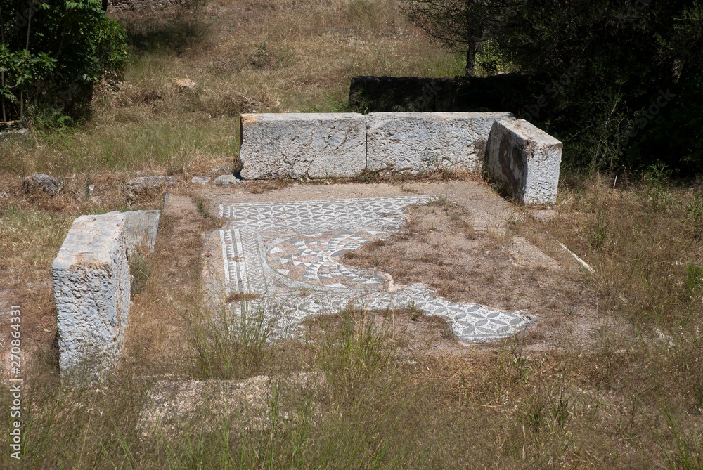 Ancient Greek mosaic near the Acropolis of Athens, Greece. Ancient Greek mosaic near the Acropolis of Athens, Greece.